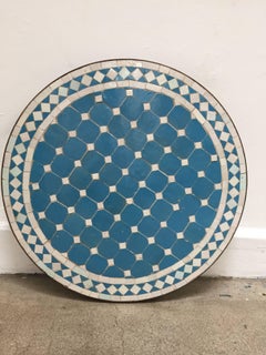 Moroccan Mosaic Outdoor Blue Tile Side Table on Low Iron Base