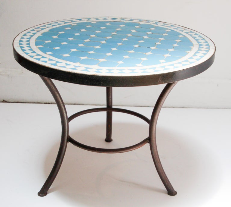Moroccan Mosaic Outdoor Blue Tile Side Table On Low Iron Base At