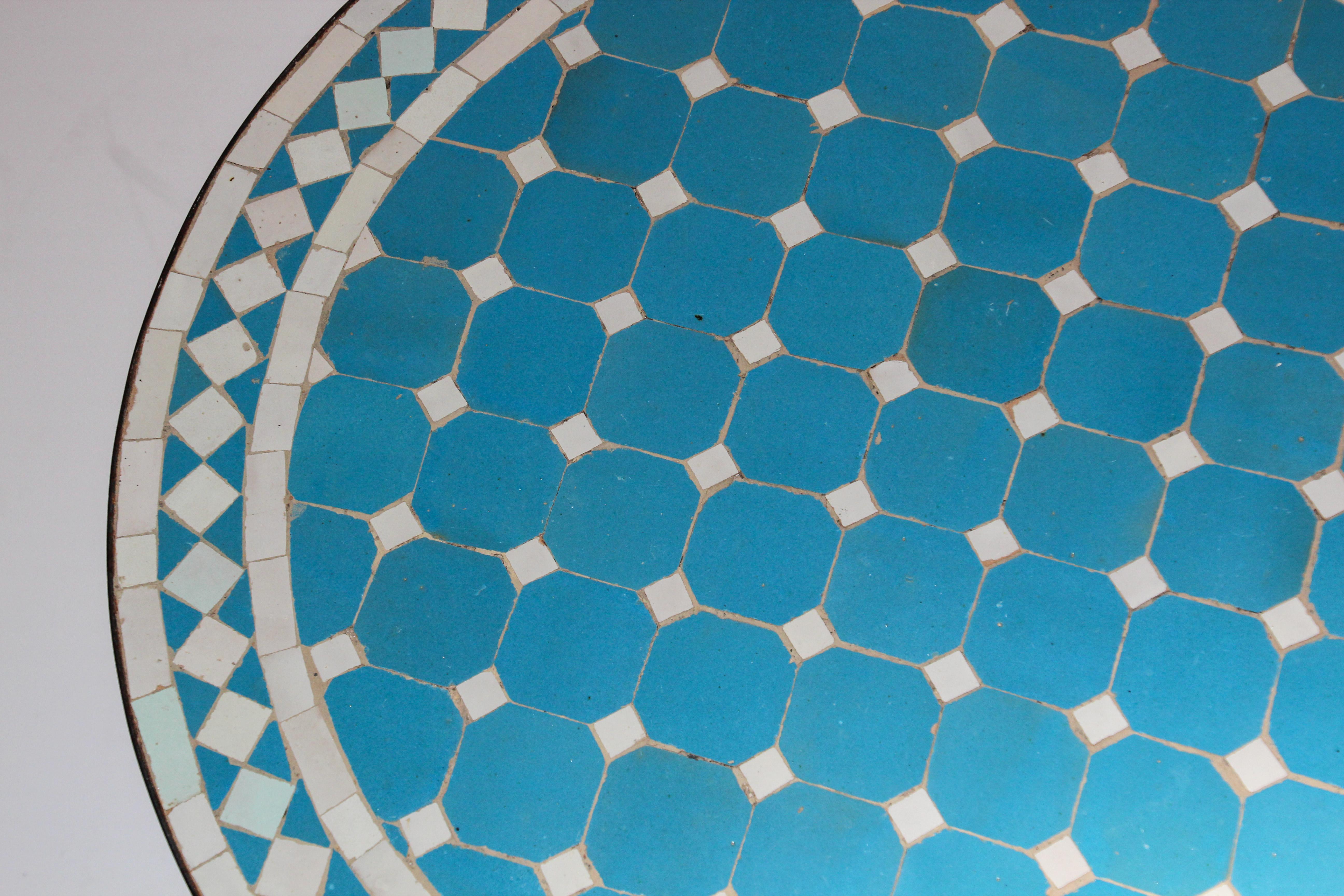 Moroccan Mosaic Outdoor Blue Tile Side Table on Low Iron Base 8