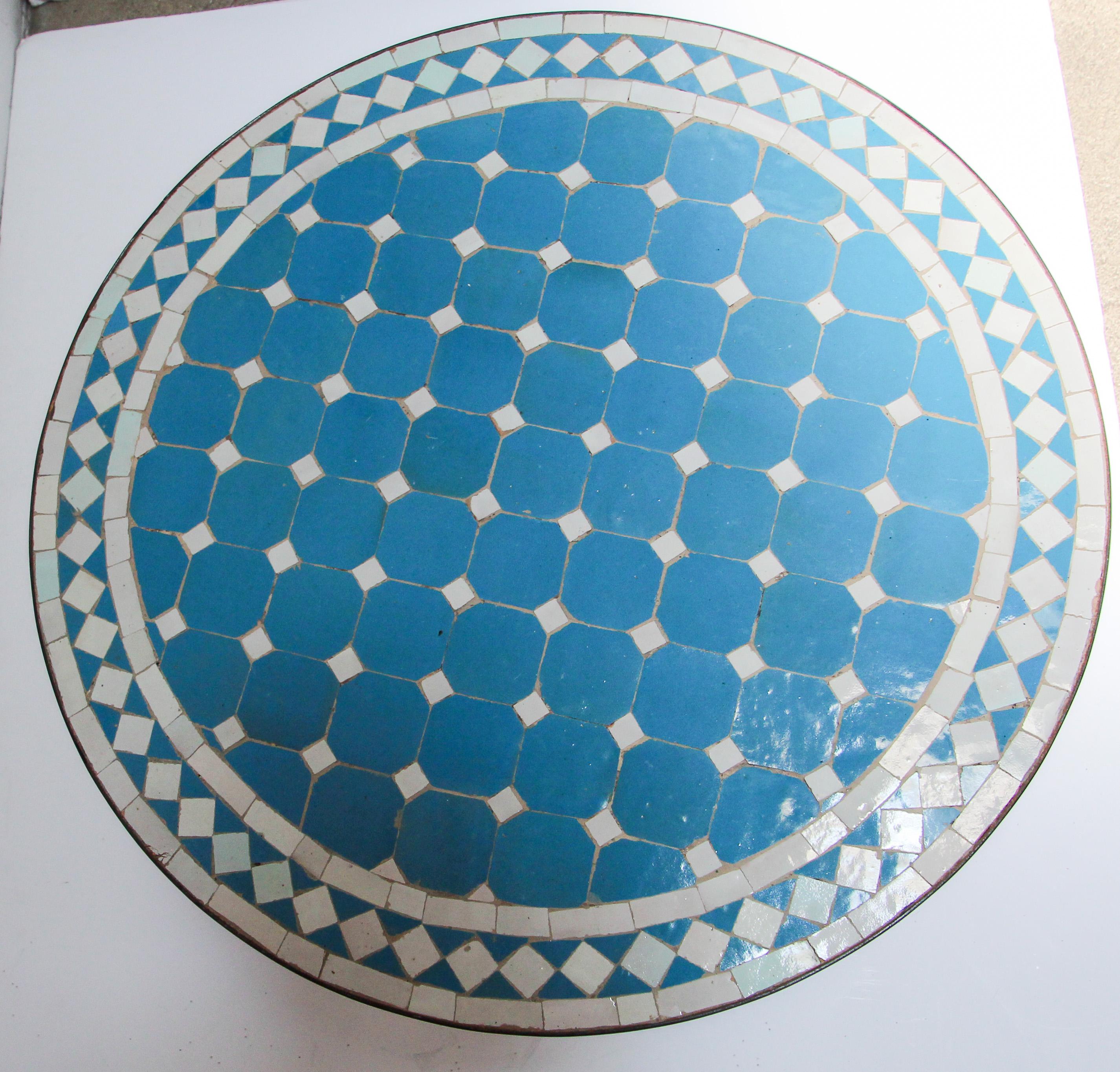 Moroccan Mosaic Outdoor Blue Tile Side Table on Low Iron Base 10