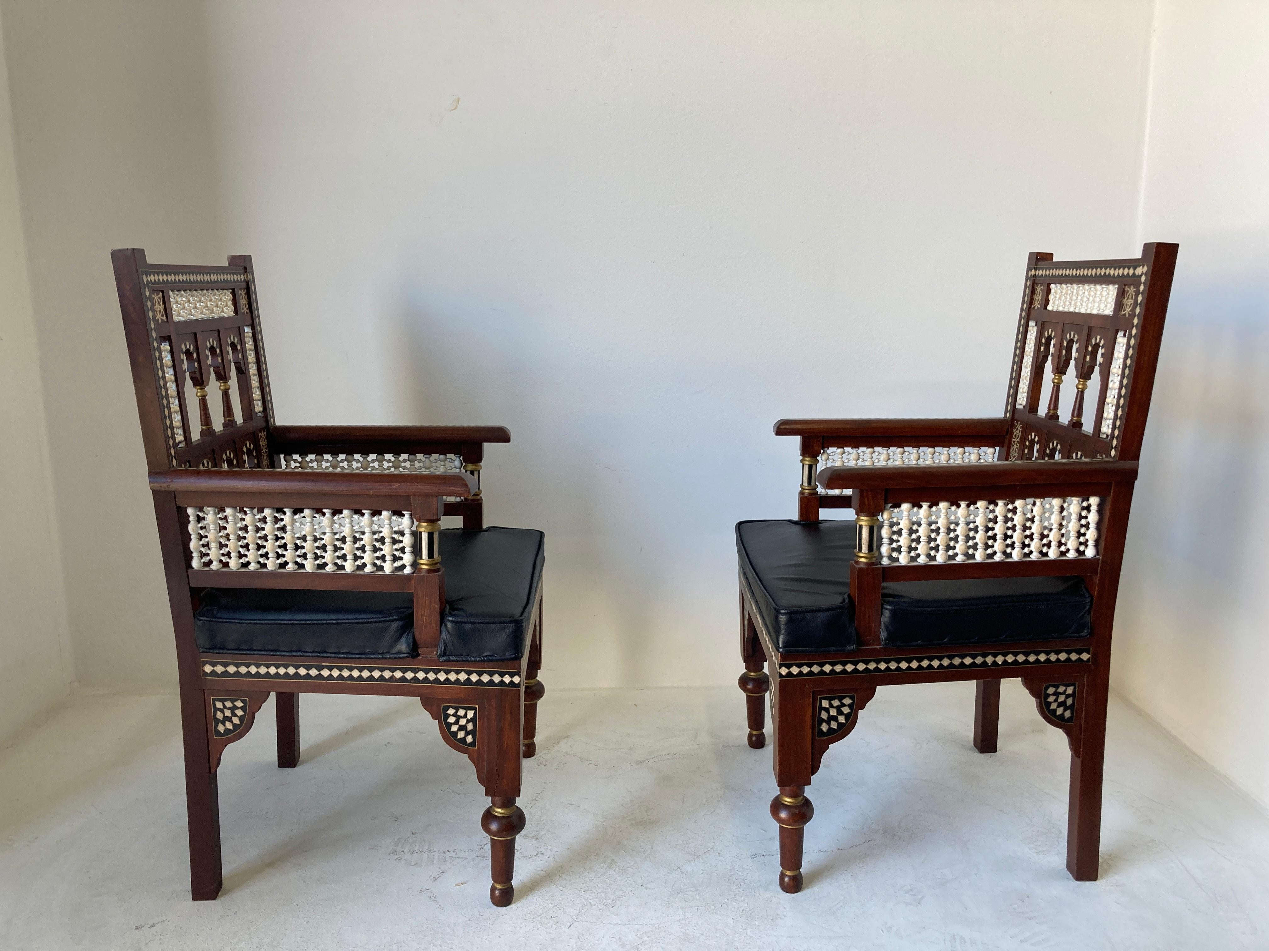 Hand-Carved Pair of Middle Eastern Egyptian Moorish Armchairs