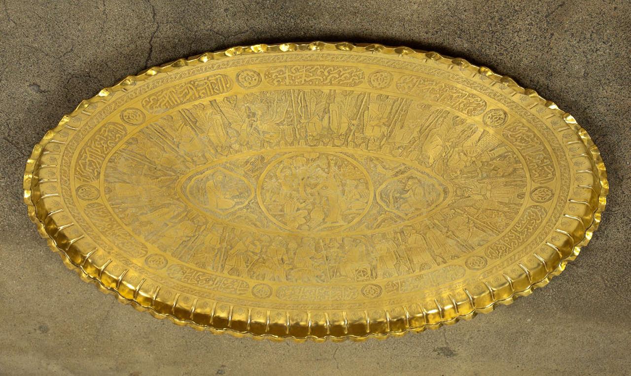 Rare find, Middle Eastern Persian large antique brass oval tray hand chased with Islamic calligraphy in Mameluke style.
19th century Collector Museum quality piece Qajar Era.
Engraved scenes with King Shah Abbas depicting a story of the Persian