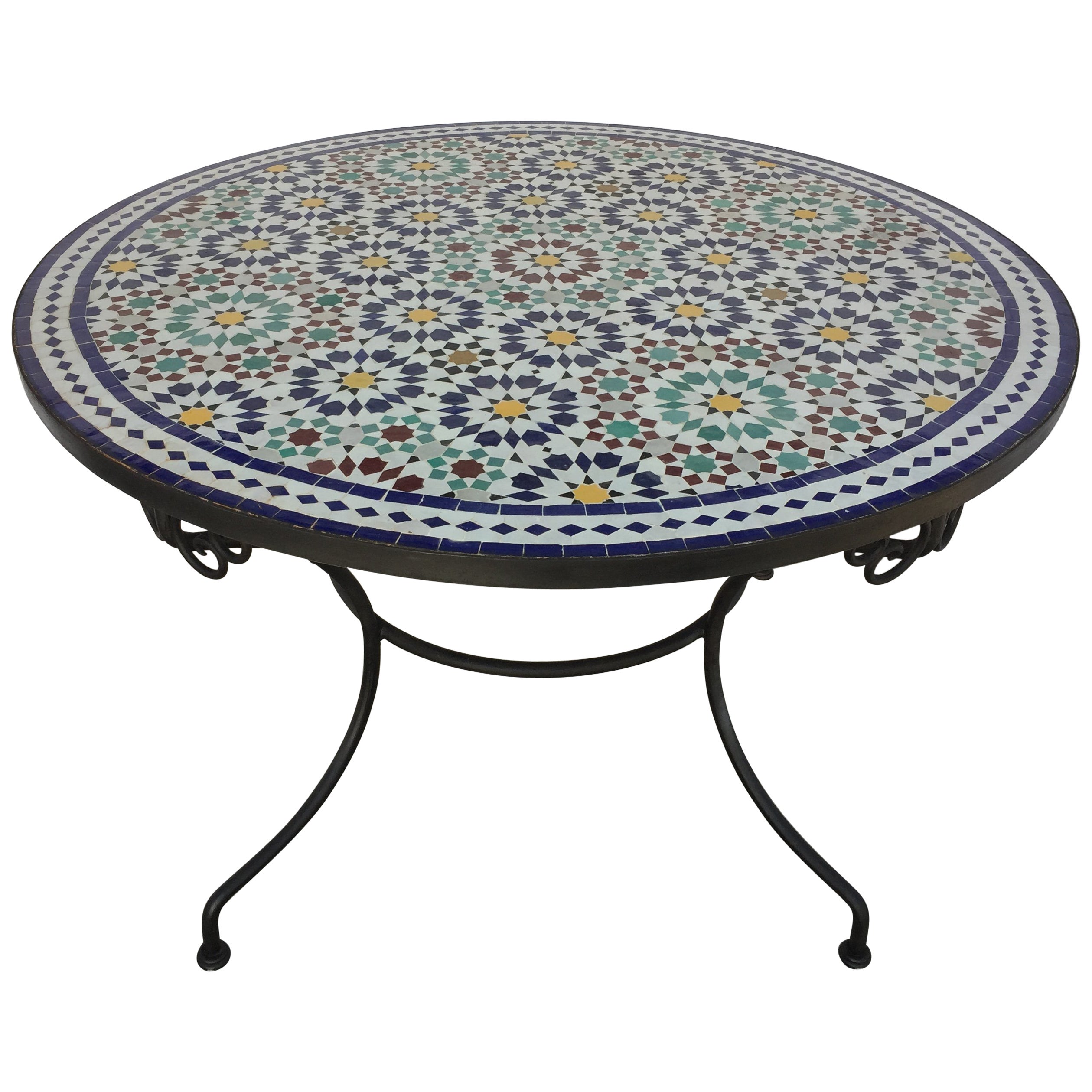 Moroccan Outdoor Round Mosaic Tile Dining Table on Iron Base 47 in. For
