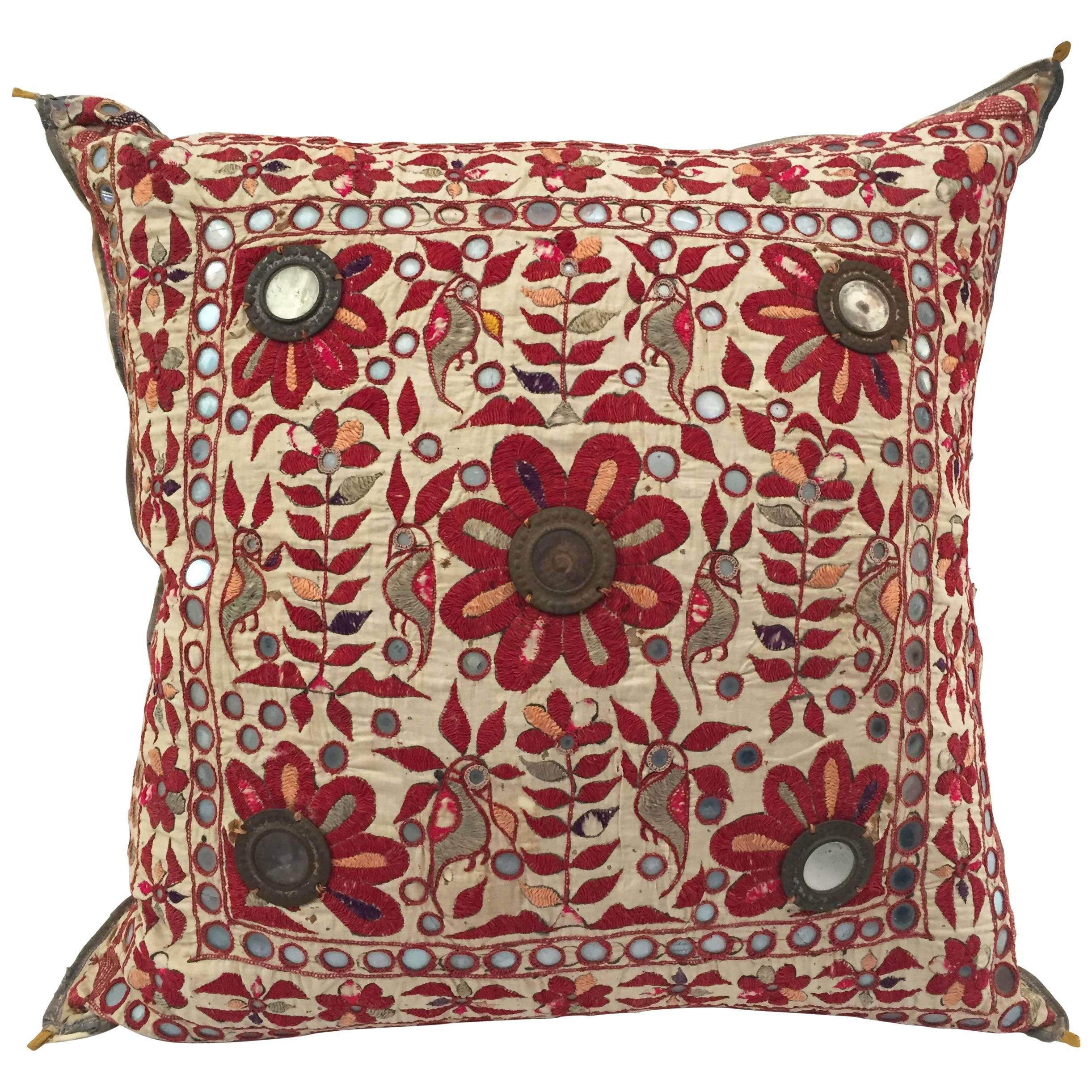 19th Century, Rajasthani Colorful Embroidery and Mirrored Decorative Pillow