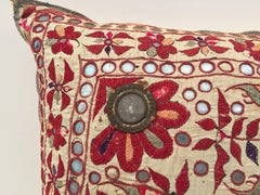19th Century, Rajasthani Colorful Embroidery and Mirrored Decorative Pillow