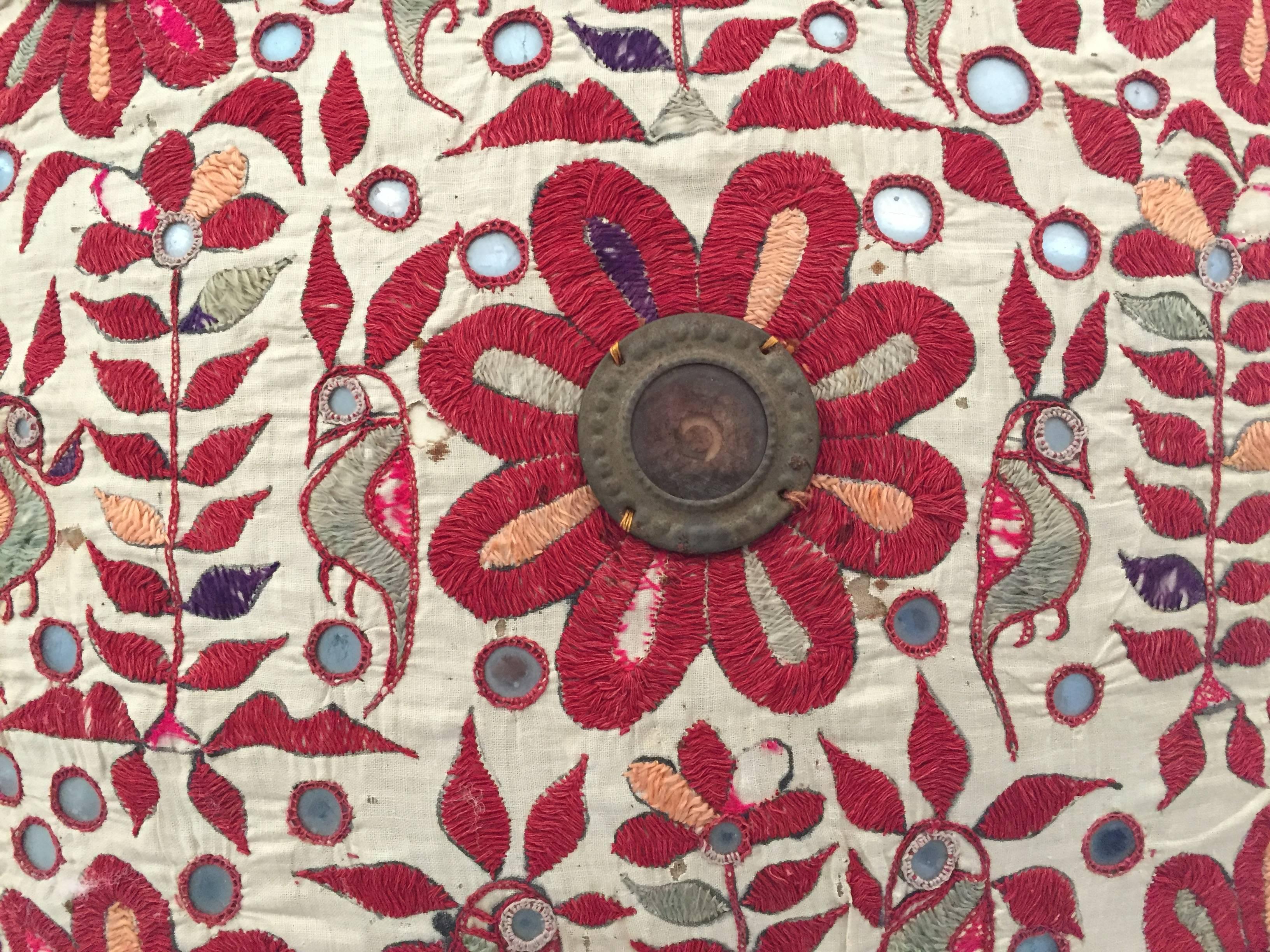 Anglo Raj 19th Century, Rajasthani Colorful Embroidery and Mirrored Decorative Pillow For Sale