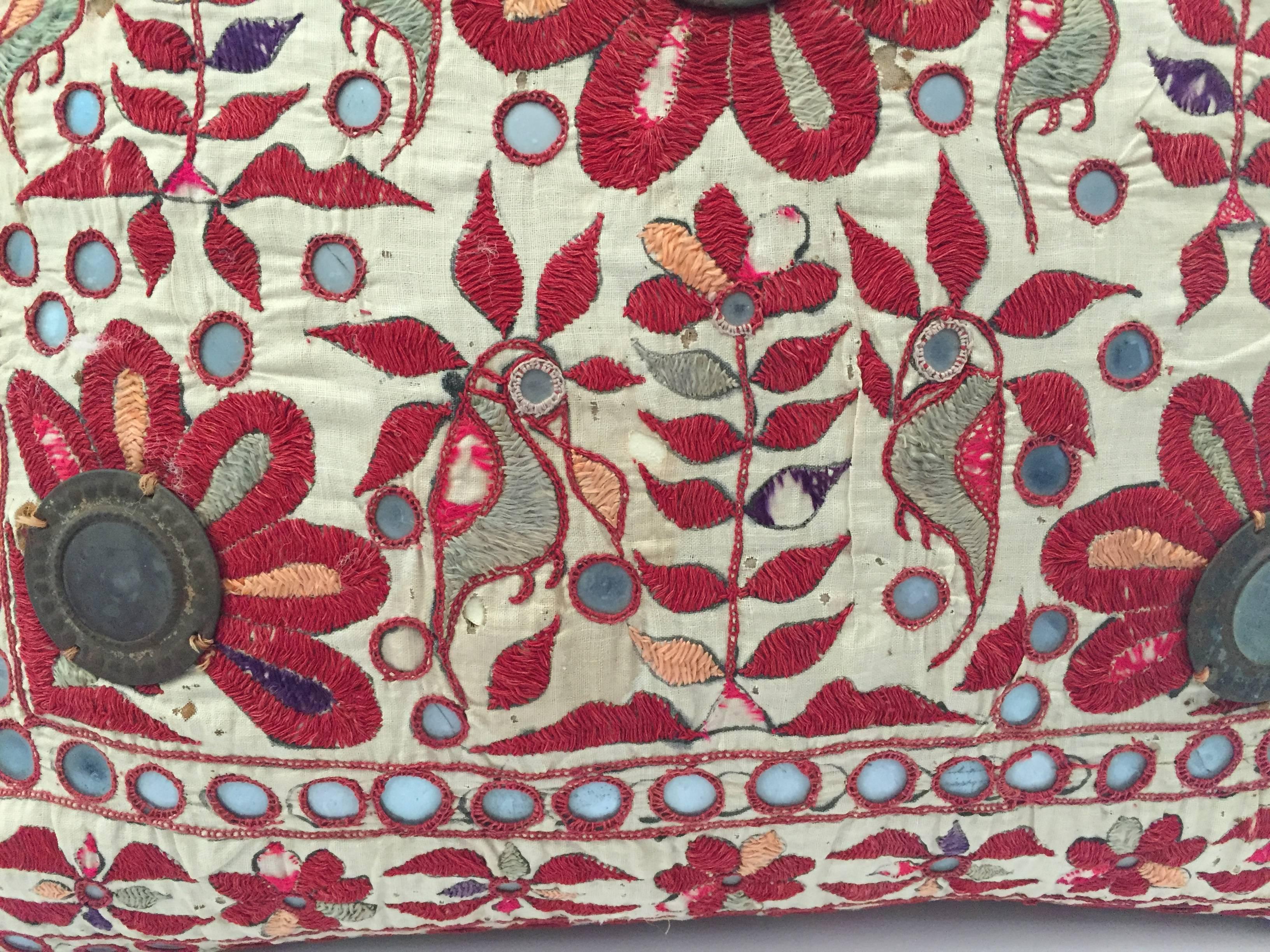 Indian 19th Century, Rajasthani Colorful Embroidery and Mirrored Decorative Pillow For Sale