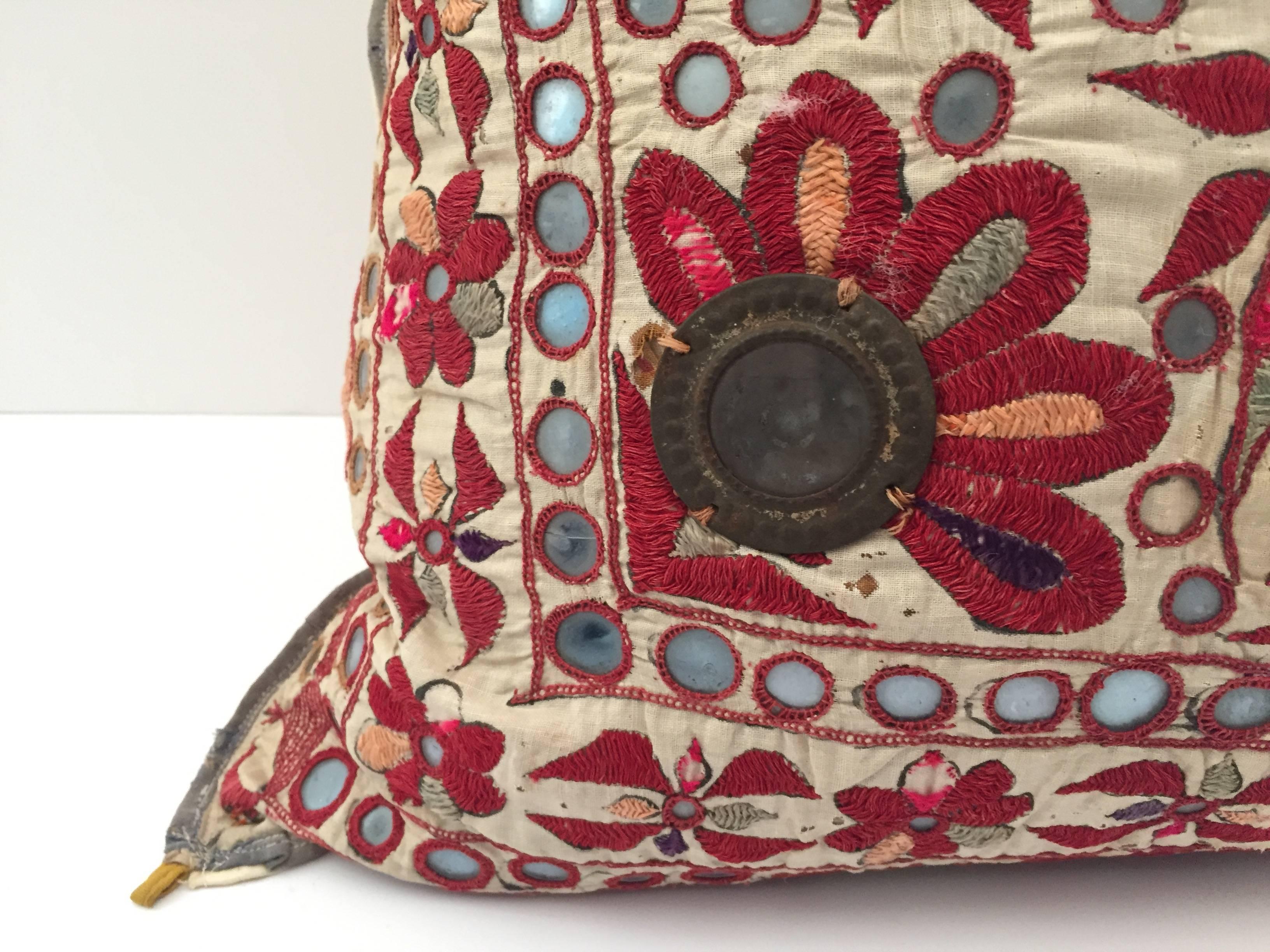 Hand-Crafted 19th Century, Rajasthani Colorful Embroidery and Mirrored Decorative Pillow For Sale