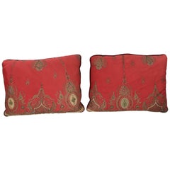 Antique Turkish Ottoman Silk Pillows with Metallic Threads a Pair