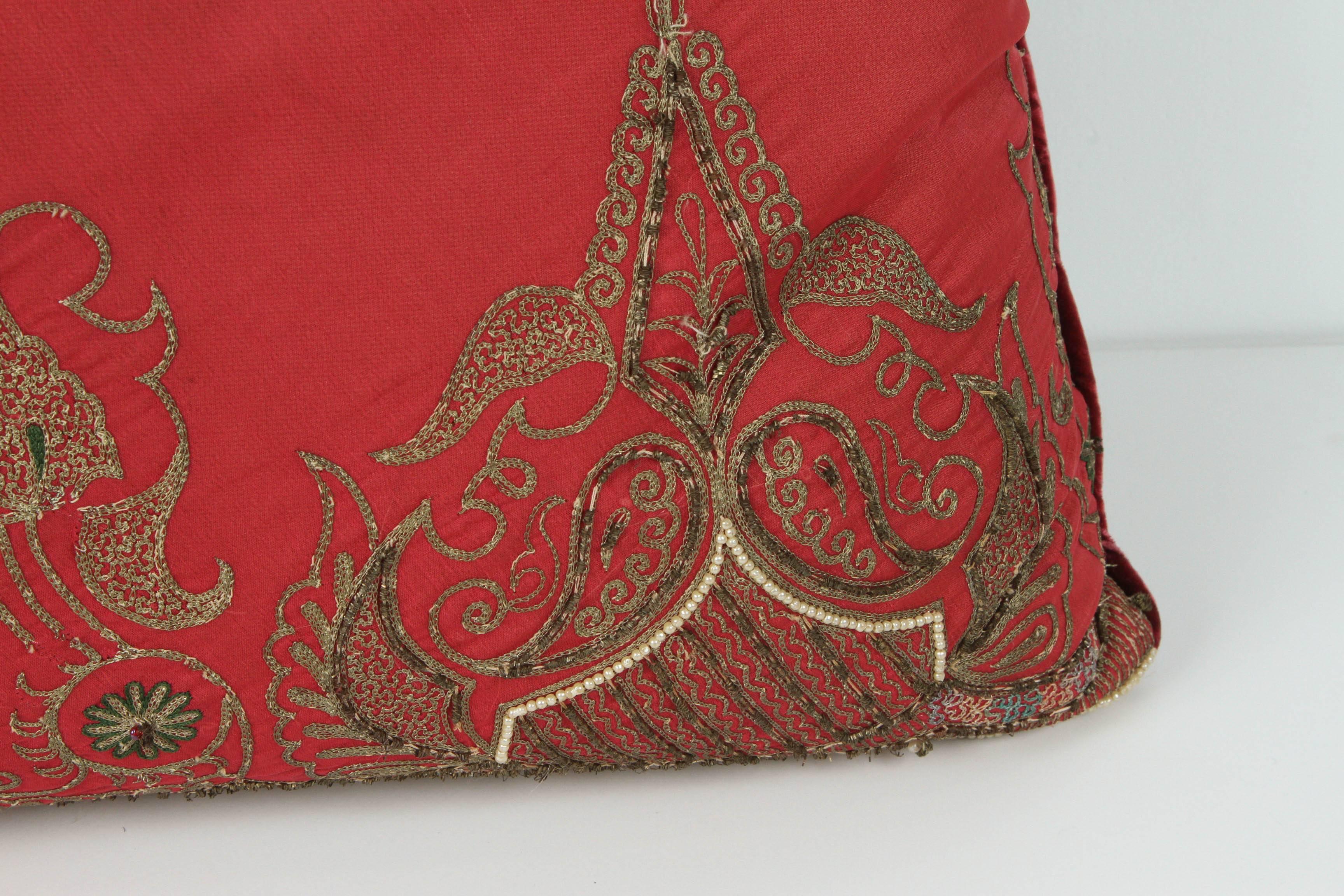 Hand-Crafted Antique Turkish Ottoman Silk Pillows with Metallic Threads a Pair