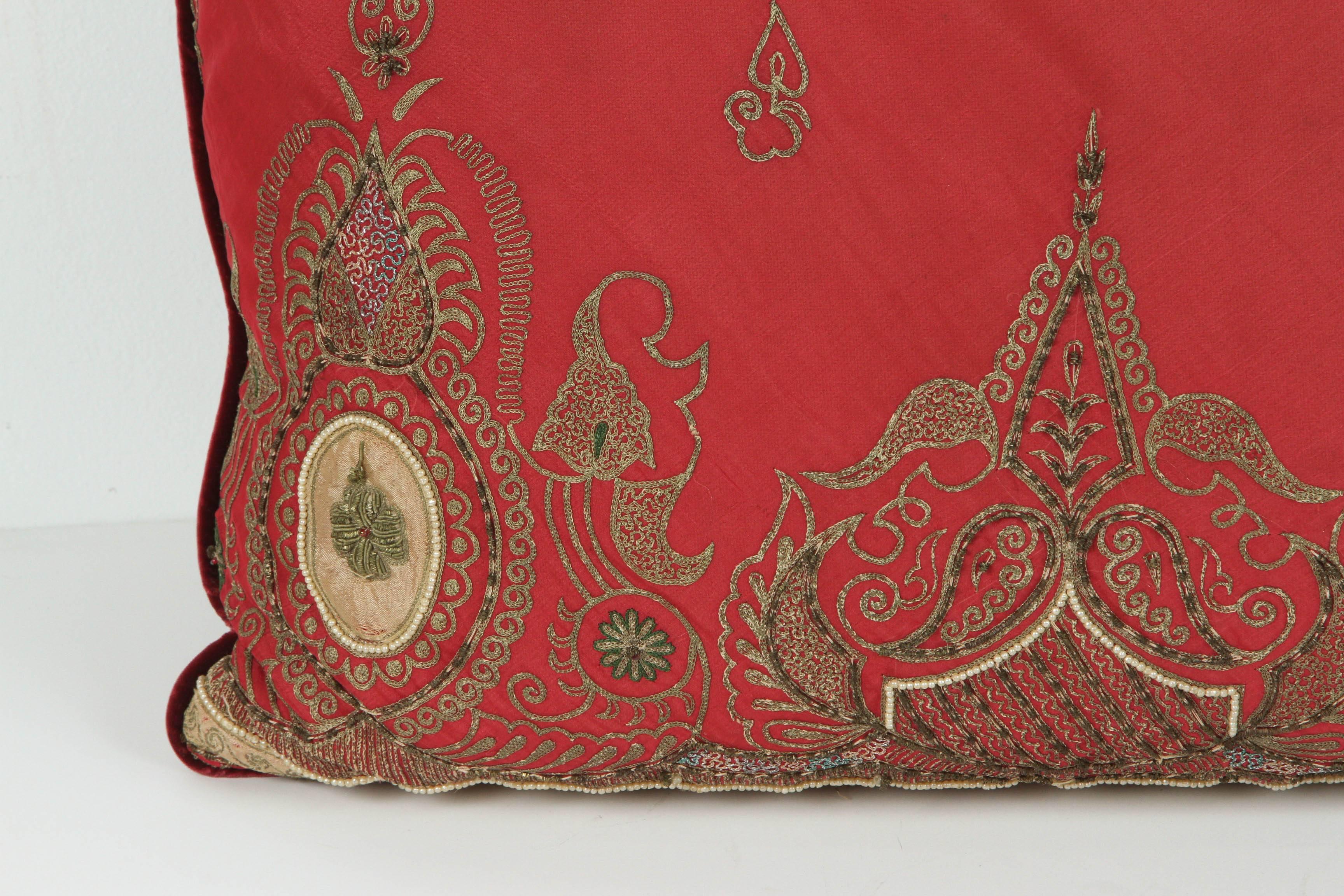 20th Century Antique Turkish Ottoman Silk Pillows with Metallic Threads a Pair