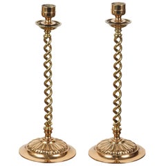 Antique 19th C. Pair of Victorian Brass Over scale Barley Twist Candlesticks