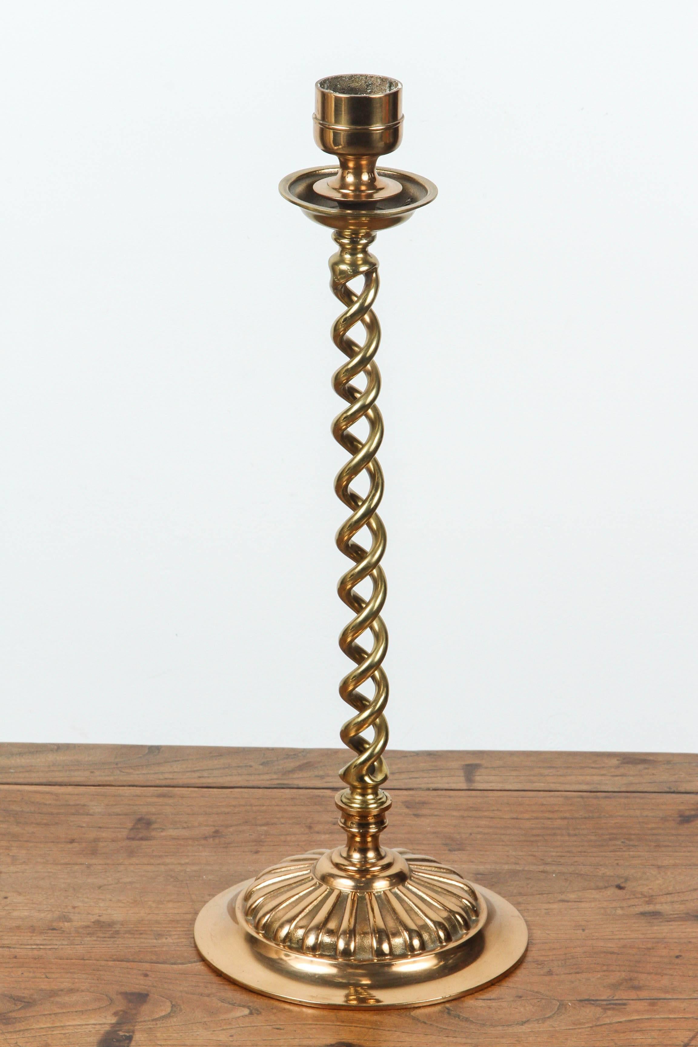 Antique 19th C. Pair of Victorian Brass Over scale Barley Twist Candlesticks For Sale 1
