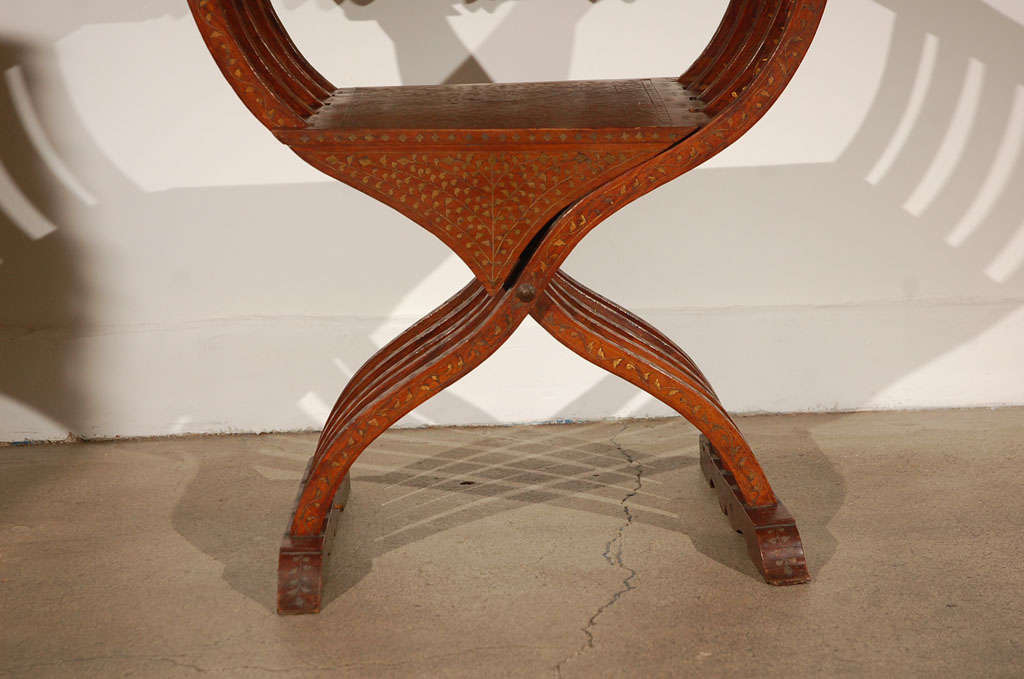 Hand-Carved Islamic Moorish Peacock Armchair with Brass Inlays Anglo-Indian 19th c. For Sale
