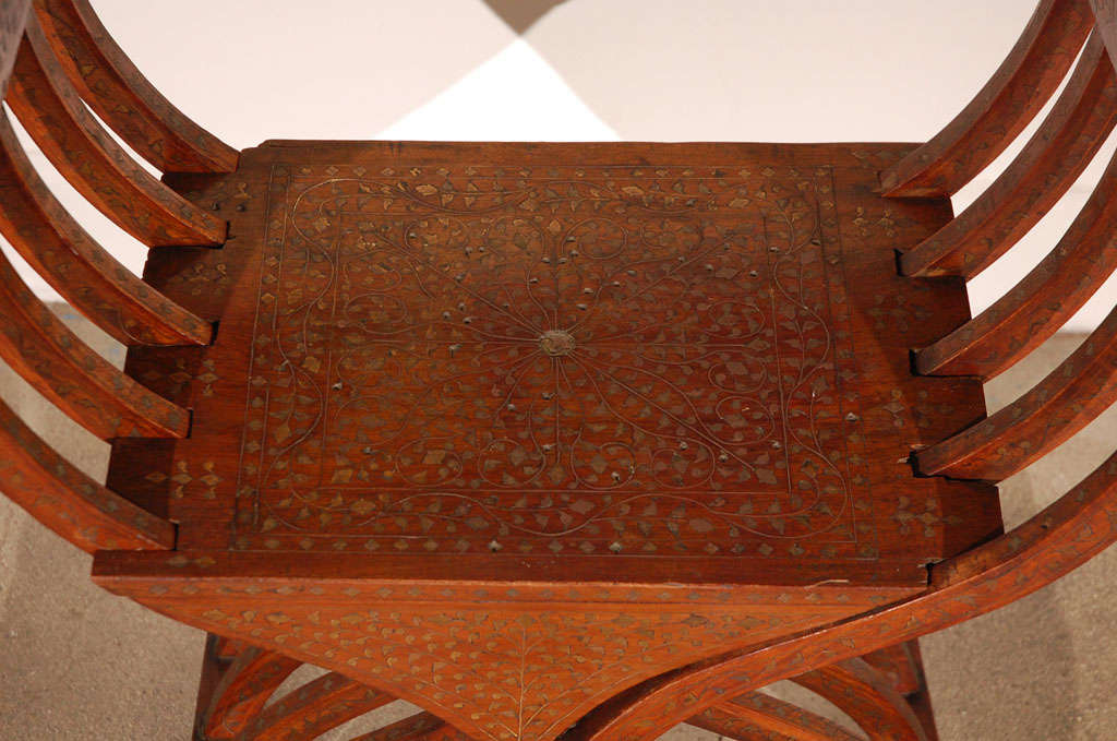 Islamic Moorish Peacock Armchair with Brass Inlays Anglo-Indian 19th c. For Sale 1