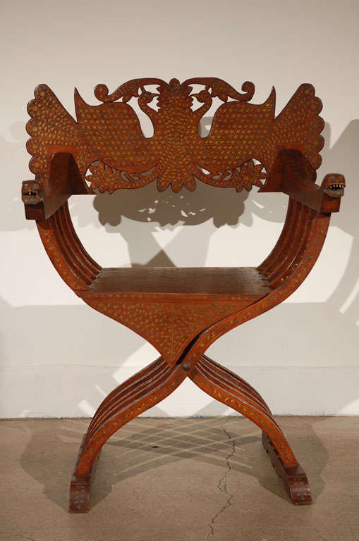 Anglo-Indian Savonarola Moorish Peacock Armchair with Brass Inlays 19th C. For Sale 4