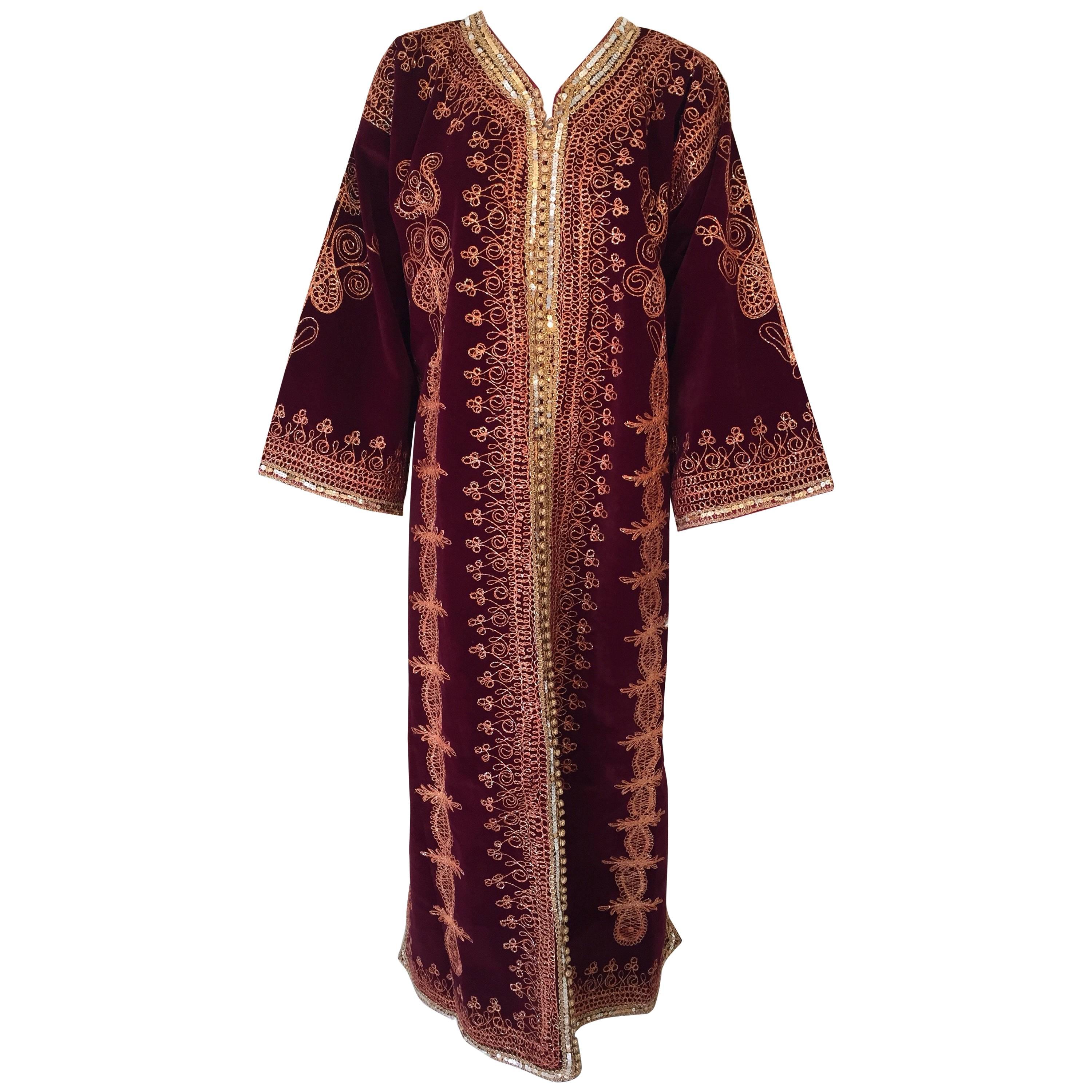 Moroccan Caftan Maroon Velvet Embroidered with Gold Kaftan, circa 1970