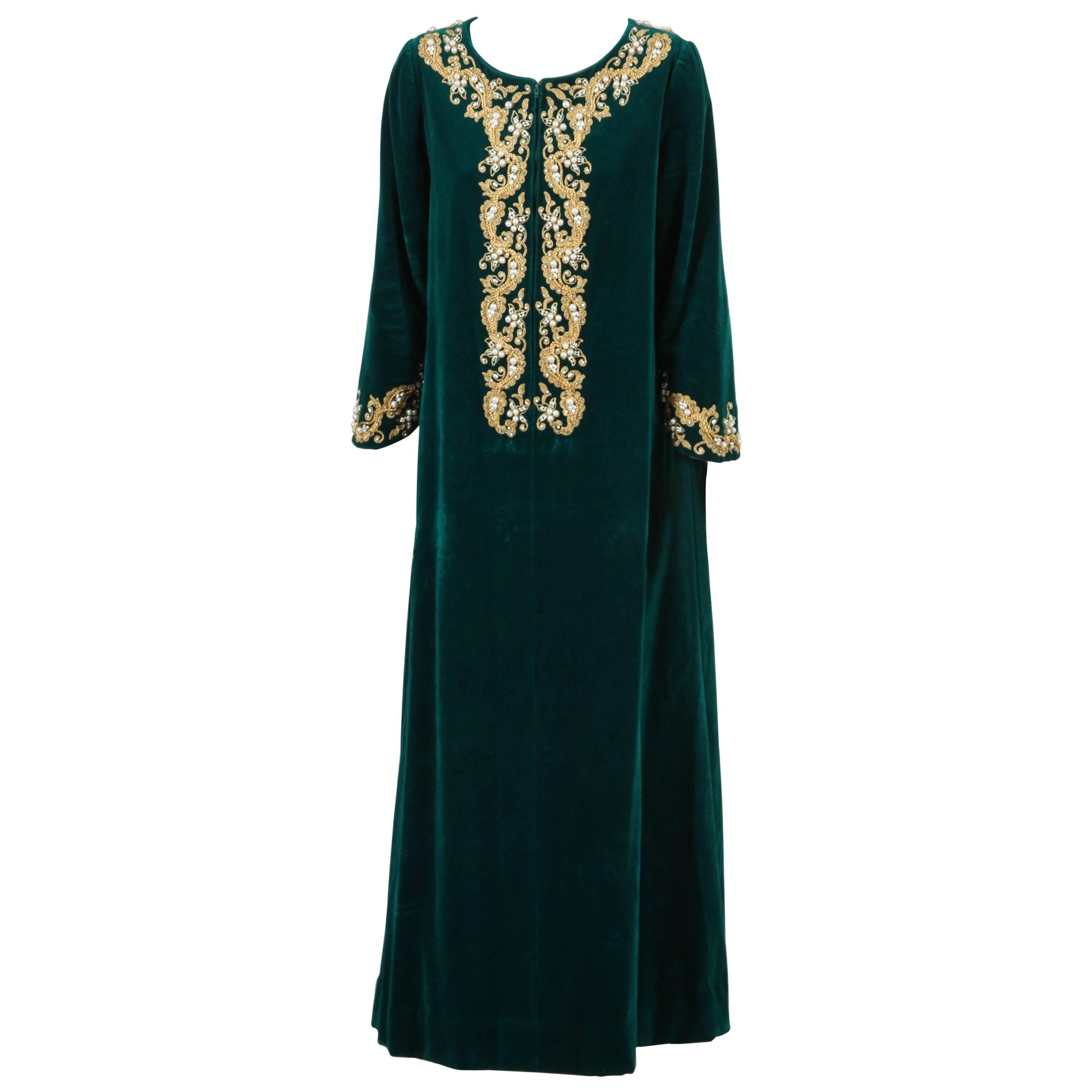 Silk Velvet Caftan by I. Magnin Designer Maxi Dress Kaftan, 1970 Emerald Green For Sale