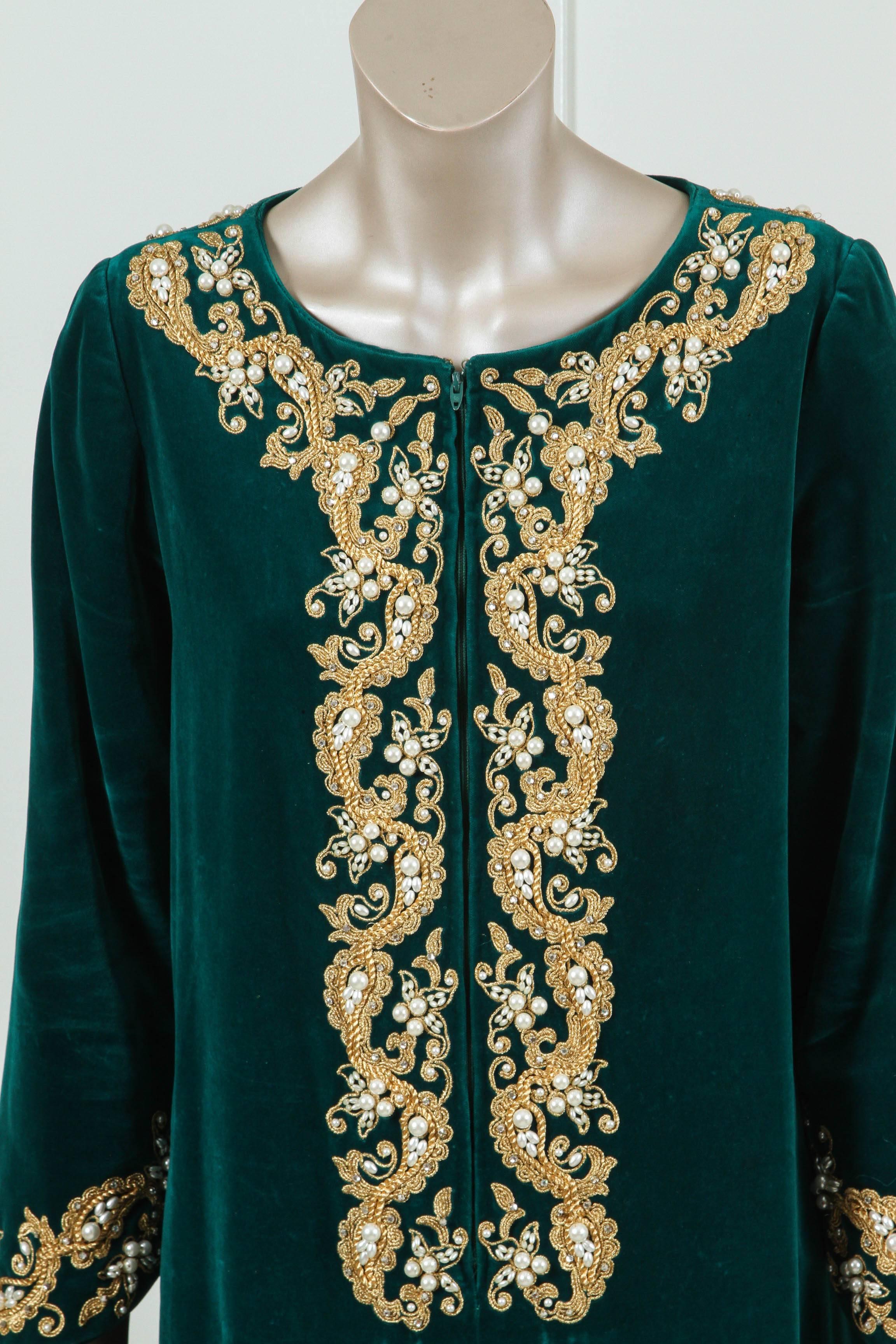 Bohemian Silk Velvet Caftan by I. Magnin Designer Maxi Dress Kaftan, 1970 Emerald Green For Sale