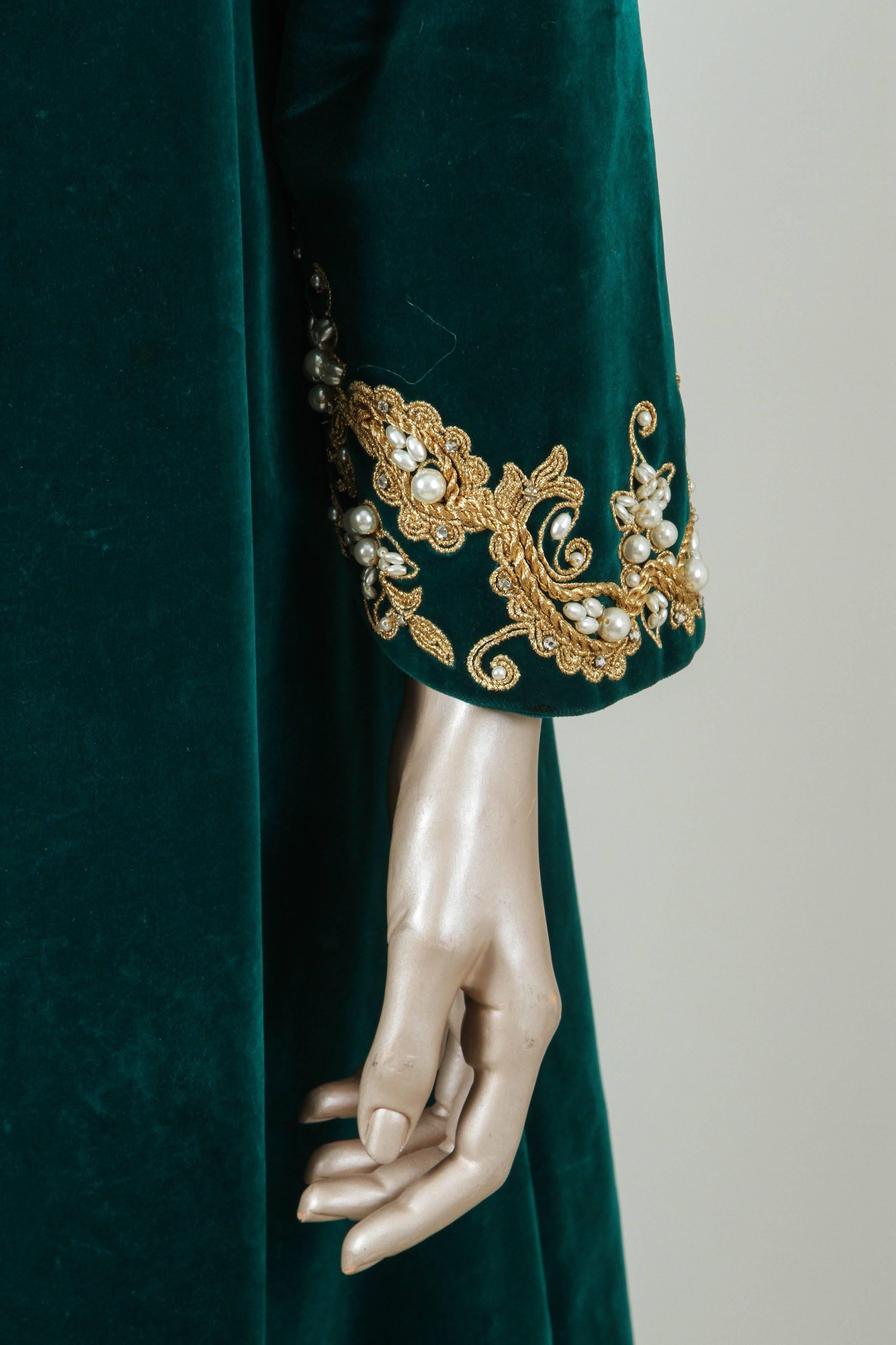 American Silk Velvet Caftan by I. Magnin Designer Maxi Dress Kaftan, 1970 Emerald Green For Sale
