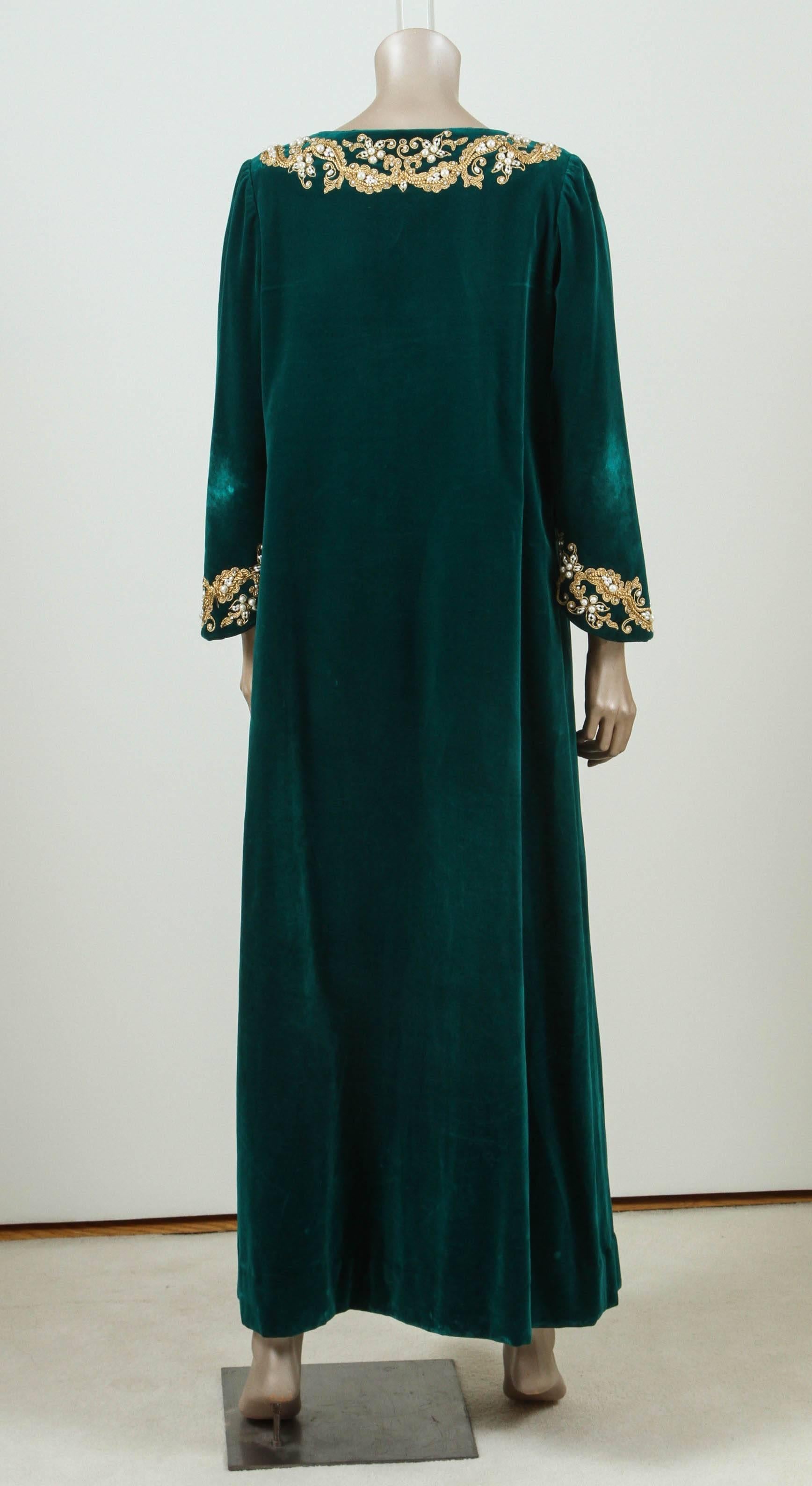 Silk Velvet Caftan by I. Magnin Designer Maxi Dress Kaftan, 1970 Emerald Green For Sale 1