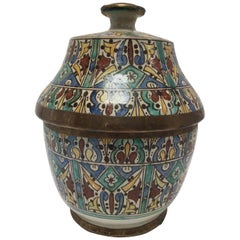 Vintage Moorish Ceramic Glazed Jar with Cover Handcrafted in Fez Morocco