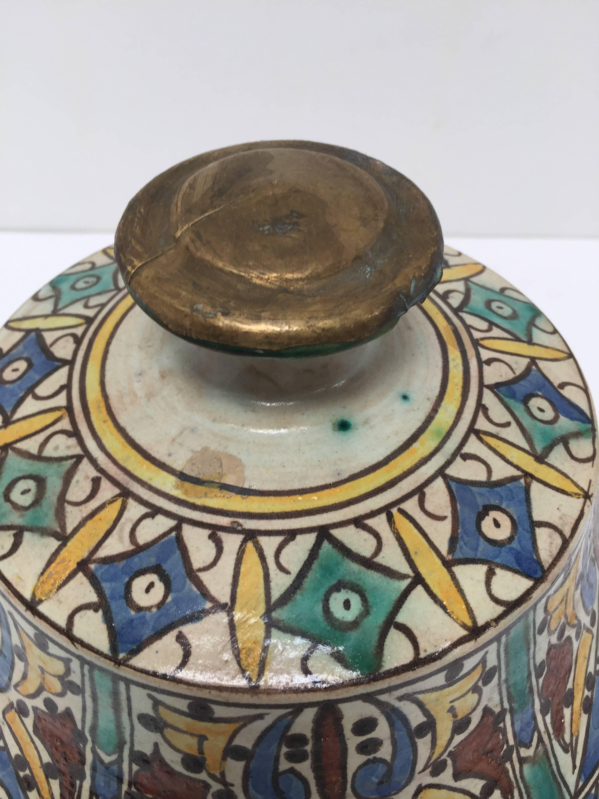 Islamic Moorish Ceramic Glazed Jar with Cover Handcrafted in Fez Morocco