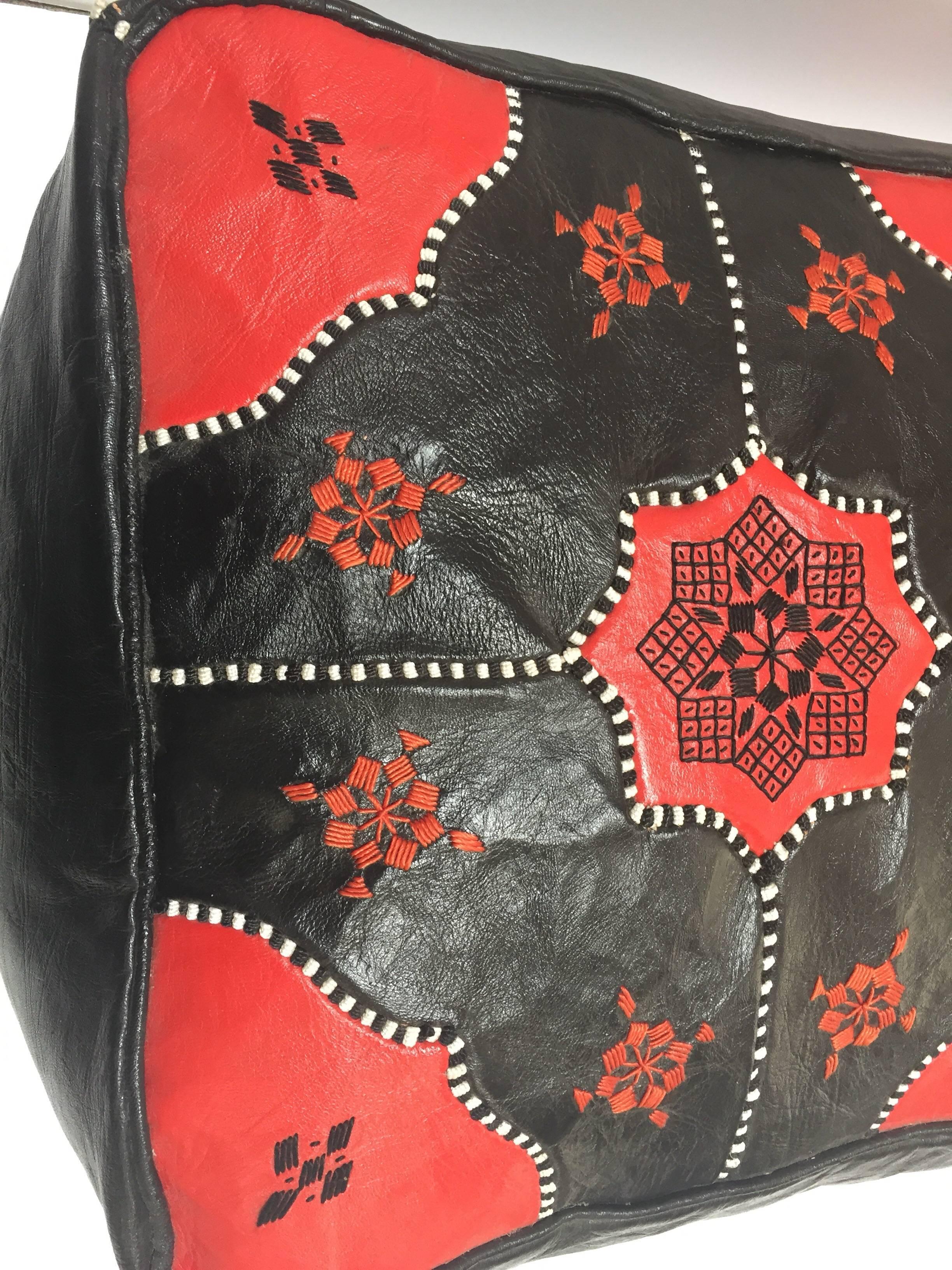 Hand-Crafted Vintage Moroccan Leather Rectangular Pouf in Red and Black For Sale