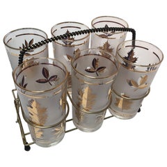 Retro Midcentury Libbey Set of Six Highball Frosted and Gold Glasses in Brass Cart