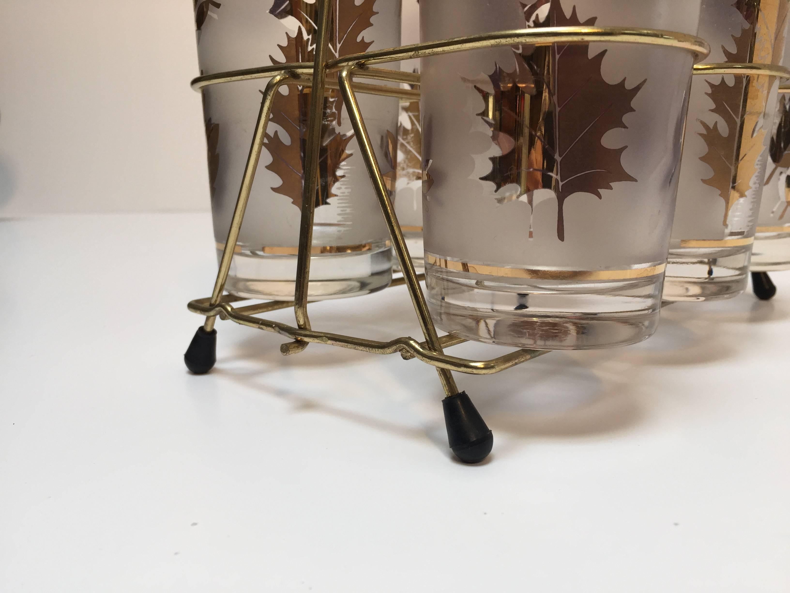 Mid-Century Modern Midcentury Libbey Set of Six Highball Frosted and Gold Glasses in Brass Cart
