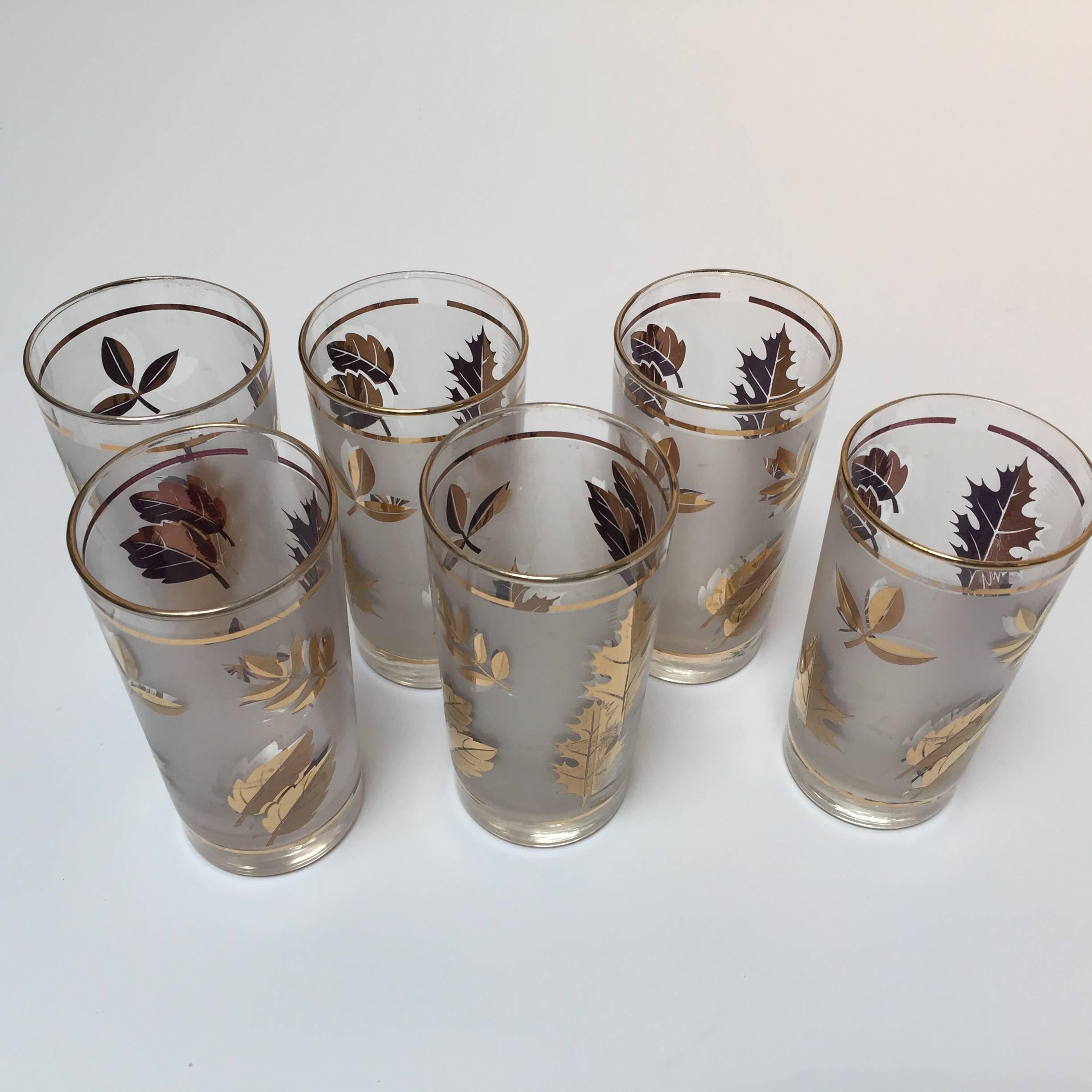 Hand-Crafted Midcentury Libbey Set of Six Highball Frosted and Gold Glasses in Brass Cart