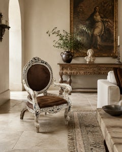 Anglo-Indian Bone-Inlaid Armchair, Hand-Carved Wood, 1930s India