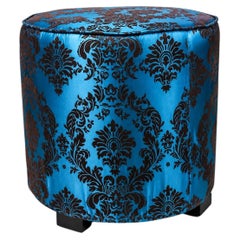 Vintage Moroccan Blue and Brown Cut Velvet Round Pouf Ottoman, Art Deco