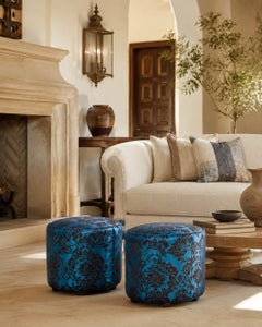 Vintage Moroccan Blue and Brown Cut Velvet Round Pouf Ottoman, Art Deco