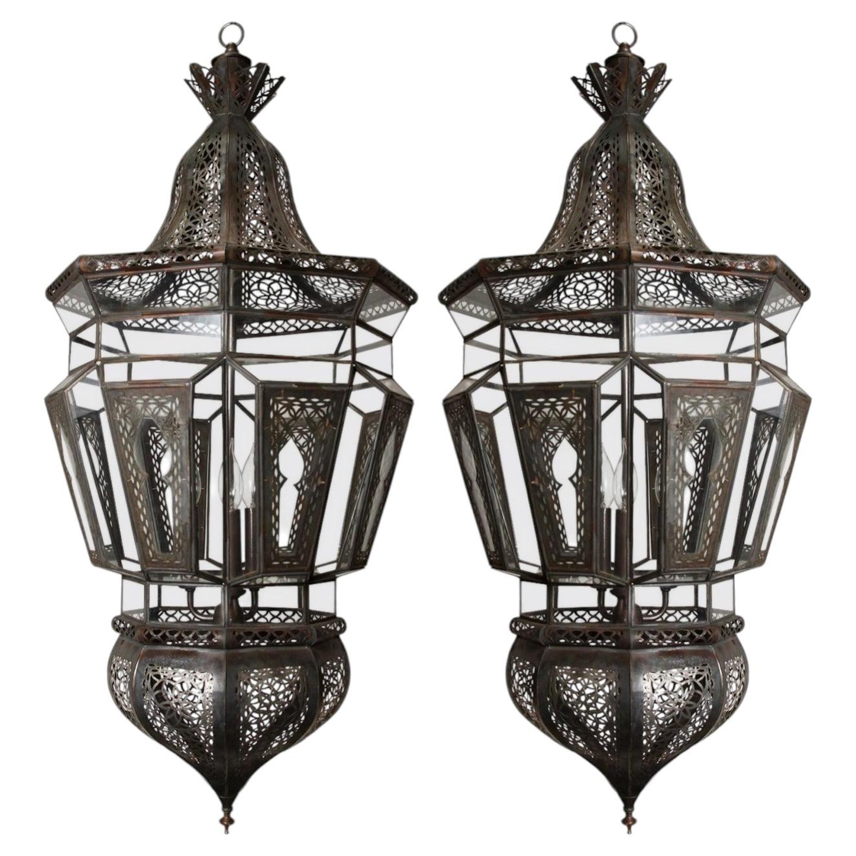 Pair of Large Moroccan Moorish Glass and Filigree Hanging Lanterns