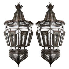 Pair of Large Moroccan Moorish Glass and Filigree Hanging Lanterns