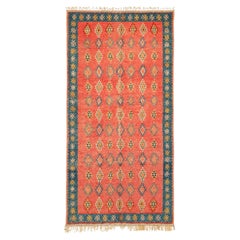 1960s Moroccan Berber Rug, Coral and Teal Geometric Wool, 4'10" × 9'10"