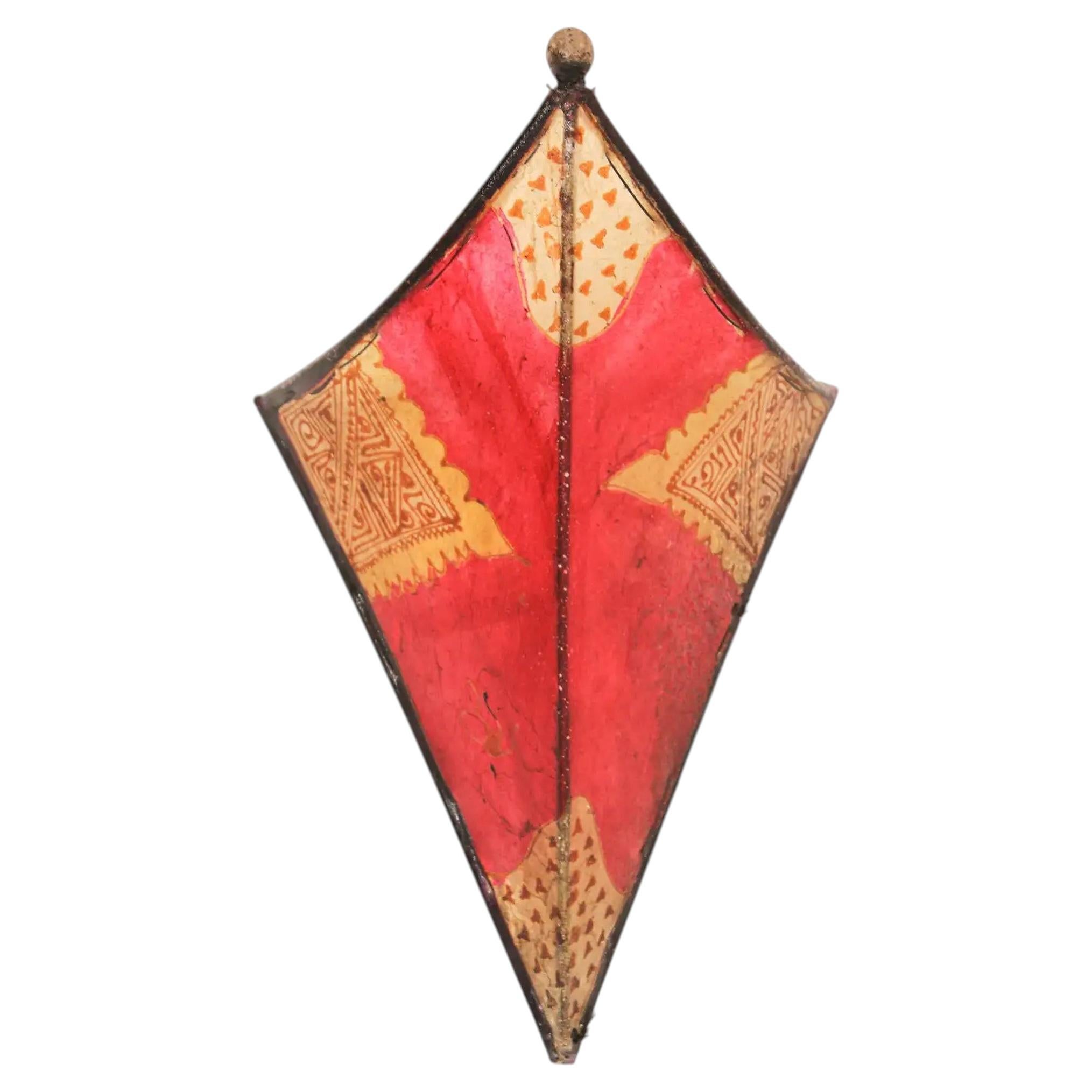 Vintage Moroccan Berber Hand-Painted Red Hide & Iron Wall Sconce Shade, 1980s