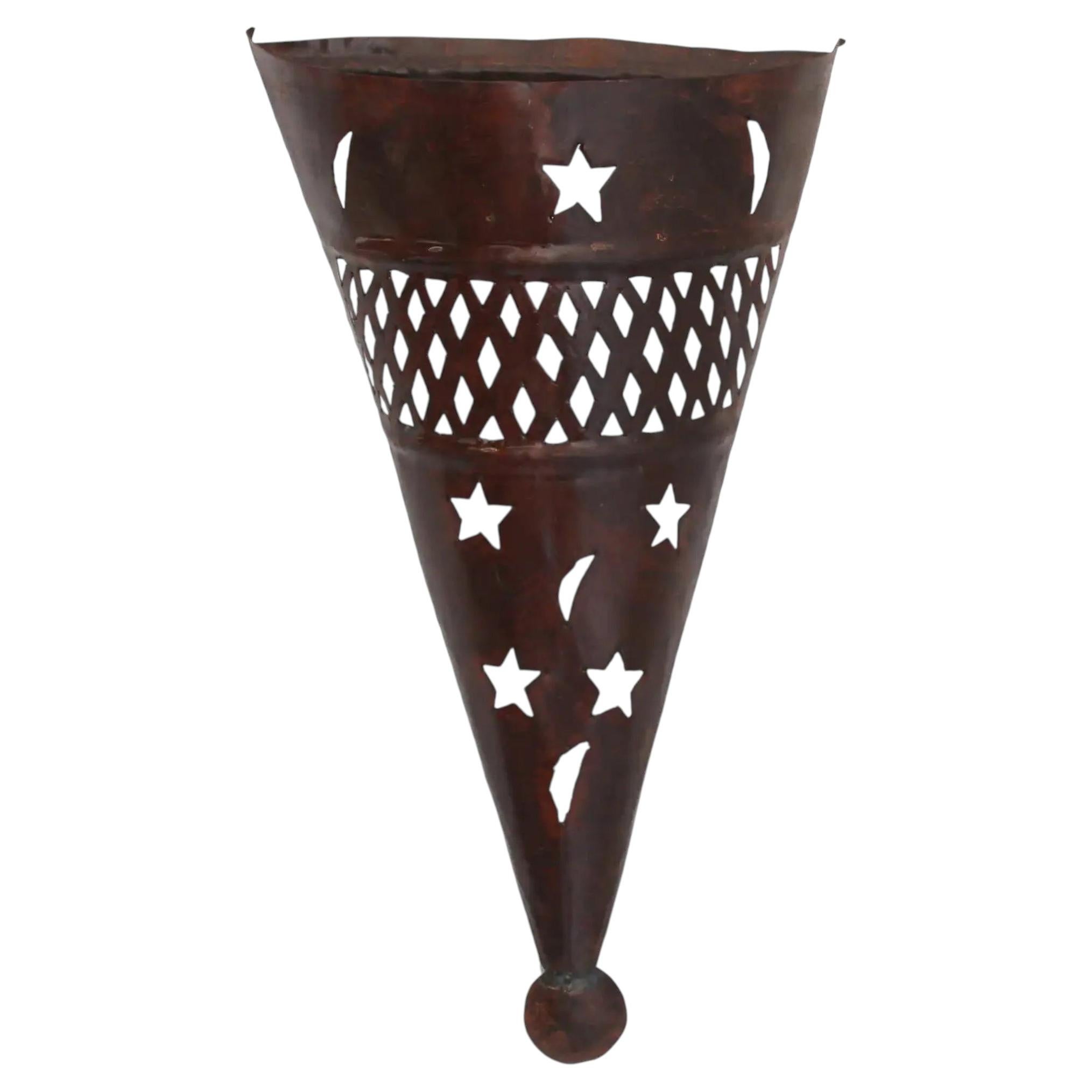 Moroccan Moorish Pierced Metal Wall Sconce Shade with Stars and Crescents For Sale