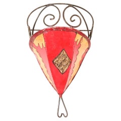 Vintage Moroccan Berber Painted-Hide Wall Sconce Shade, Iron Frame, 1980s