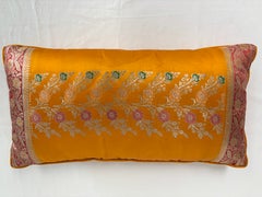 Vintage Indian Saffron Orange Silk Brocade Lumbar Pillow with Floral Motifs