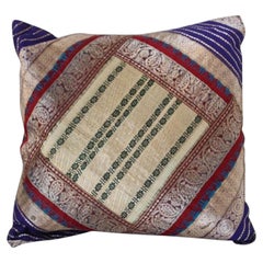 Decorative Throw Silk Pillow Made from Vintage Sari Borders, India