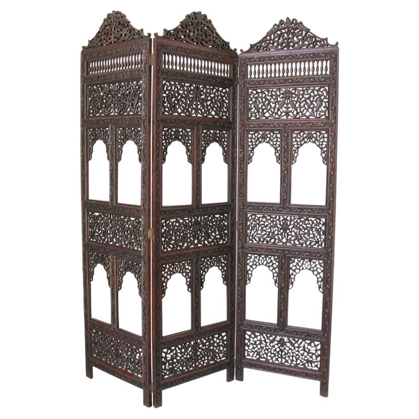 Anglo-Indian Mughal Hardwood Three-Panel Screen For Sale