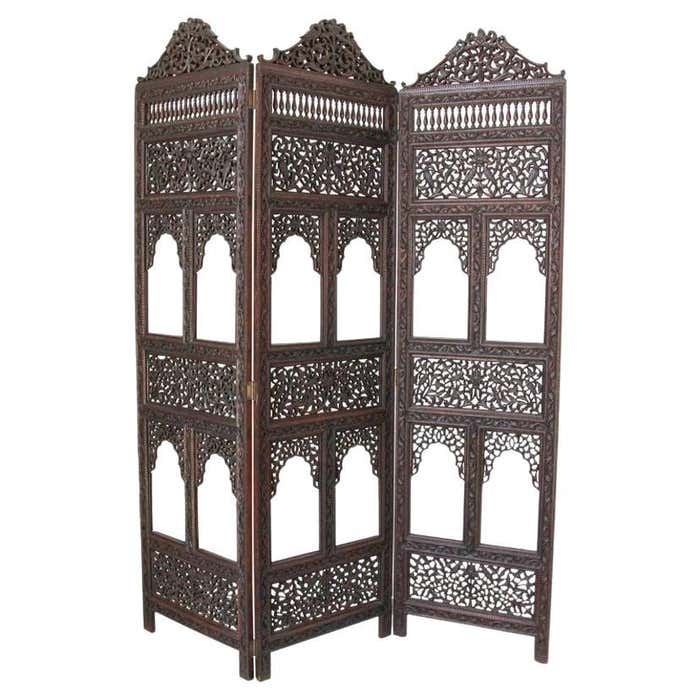 Anglo-Indian Mughal Hardwood Three-Panel Screen For Sale at 1stDibs