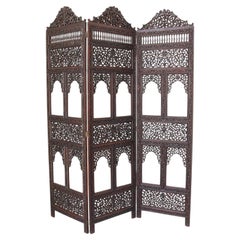 19th Century Anglo-Indian Mughal Carved Hardwood Three-Panel Screen, circa 1880