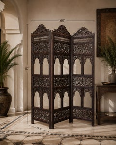 19th Century Anglo-Indian Mughal Carved Hardwood Three-Panel Screen, circa 1880