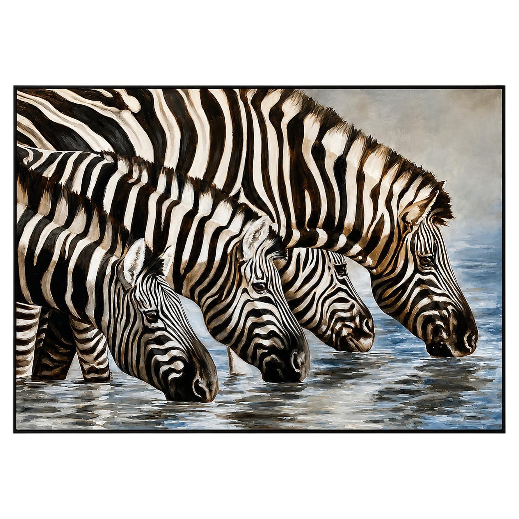 Kindrie Grove African Zebras at an Oasis Large Oil on Canvas Painting, 1999