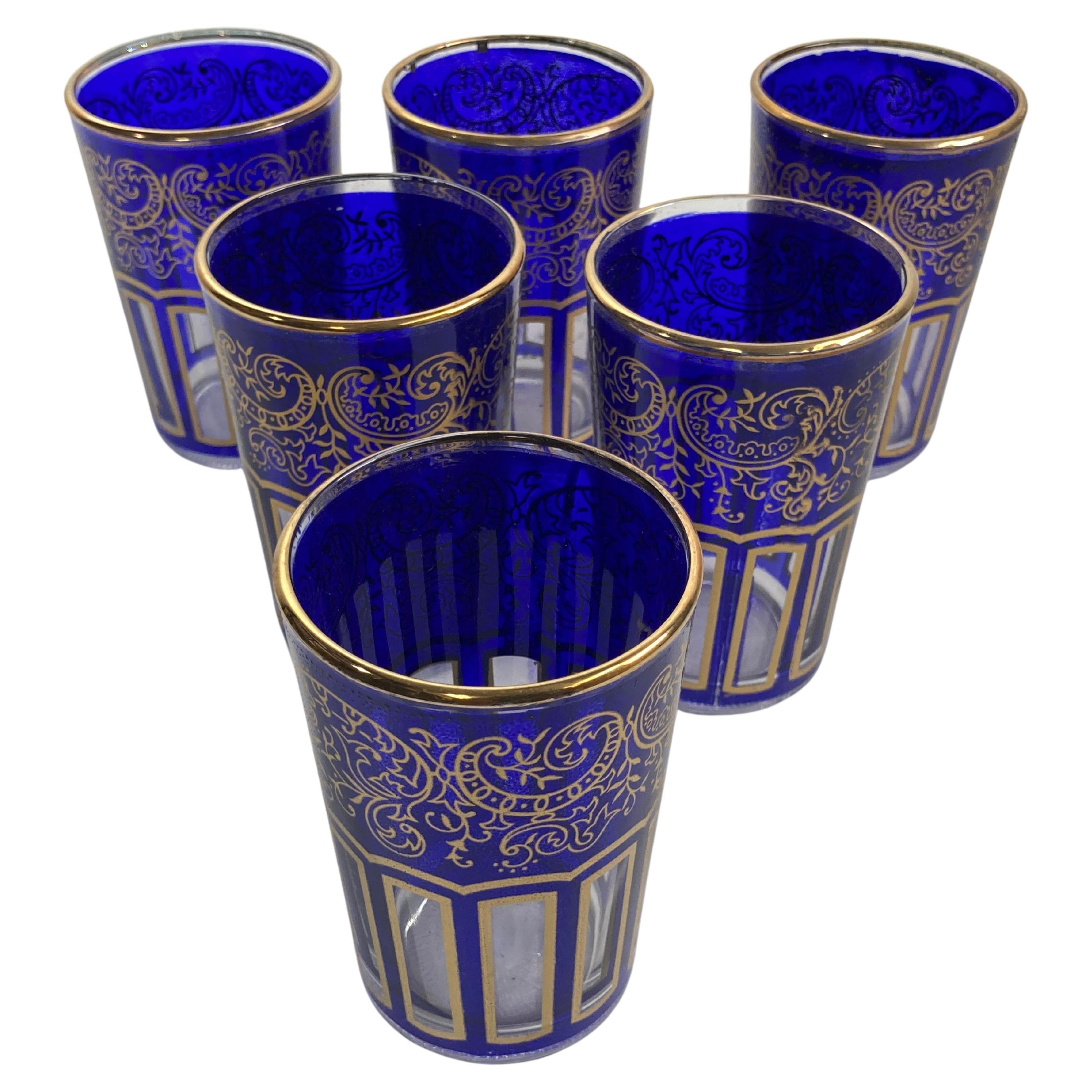 Set of Six Royal Blue Shot Glasses with Gold Moorish Design