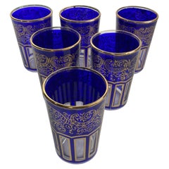 Retro Moroccan Royal Blue Shot Glasses with Gold Moorish Design Set of 6 Barware