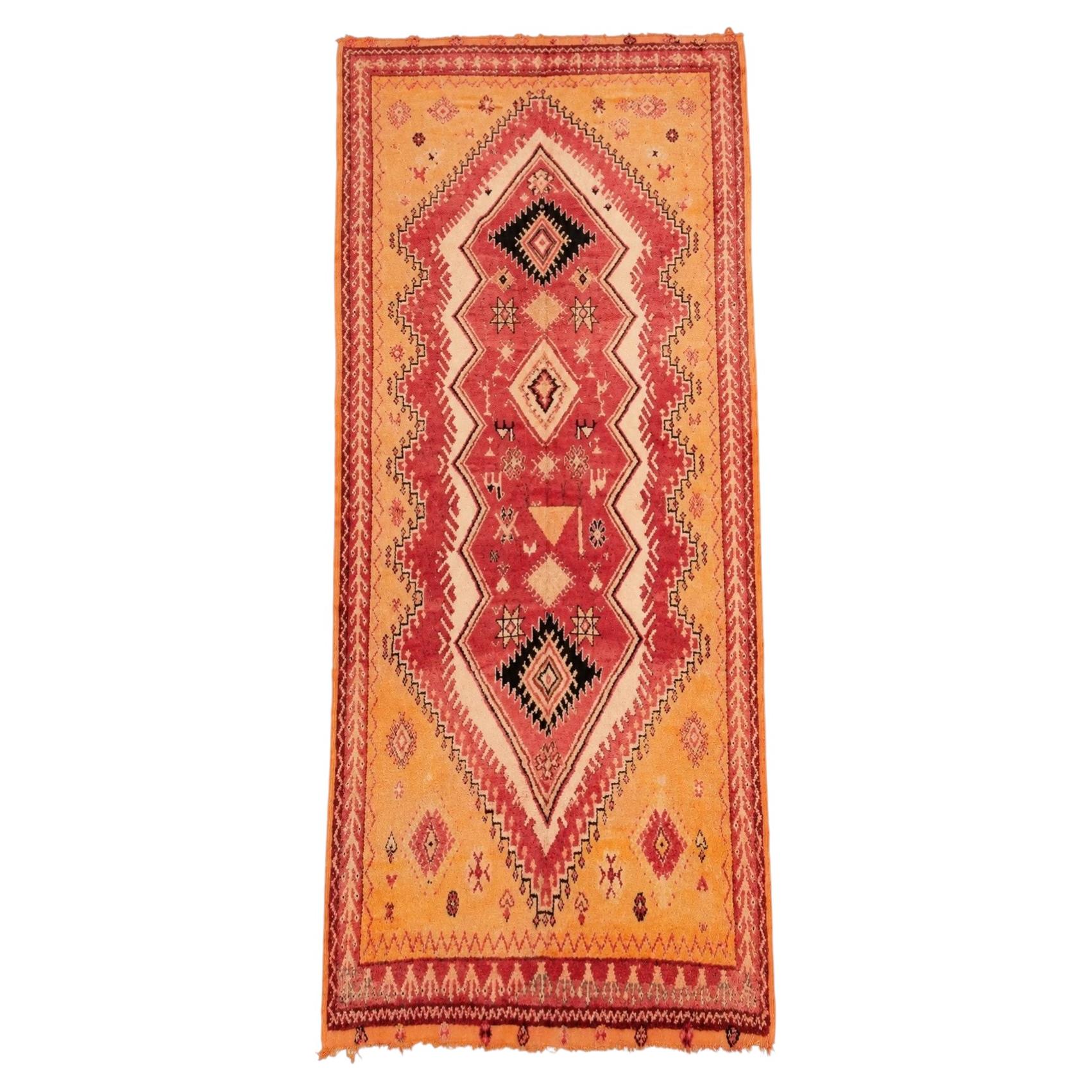 Vintage Moroccan Berber Rug in Saffron, Coral and Black, 71 x 145 in, 1960s